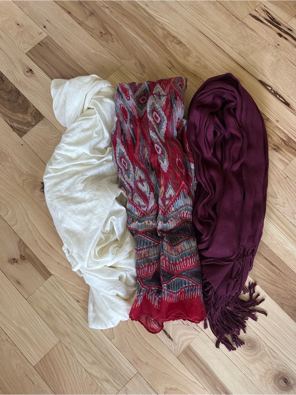 Set of Three Fall Lightweight Scarves - Ivory, Multicolor Pattern, Burgundy.